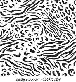 Seamless vector black and white zebra leopard fur pattern. Stylish wild leopard zebra print. Animal print background for fabric, textile, cover, wrapping etc. 10 eps design.