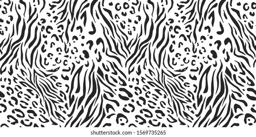 Seamless vector black and white zebra leopard fur pattern. Stylish wild leopard zebra print. Animal print background for fabric, textile, cover, wrapping etc. 10 eps design.