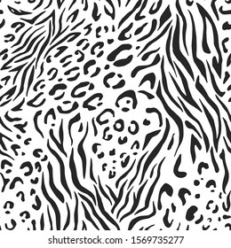 Seamless vector black and white zebra leopard fur pattern. Stylish wild leopard zebra print. Animal print background for fabric, textile, cover, wrapping etc. 10 eps design.