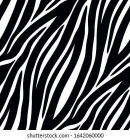 Seamless vector black and white zebra fur pattern. Stylish wild zebra print. Animal print background for fabric, textile, design, advertising banner.
