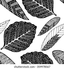 Seamless vector black-and-white contrasting pattern with stylized leaves. Hand drawn.
