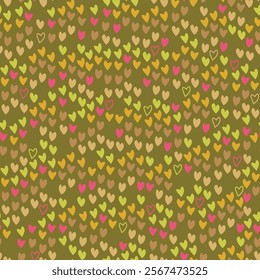 A seamless vector, blending pattern of pink brown, green, yellow hearts irregular scattered on a light pink background. Great for digital Valentines projects backgrounds, textures, fabrics, or gift