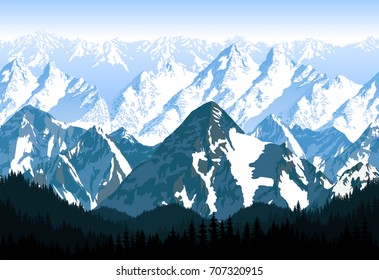 seamless vector blue beautiful mountains with forest panorama pattern