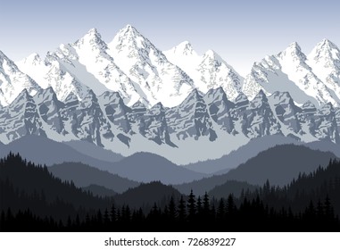 seamless vector blue beautiful mountains with forest panorama pattern