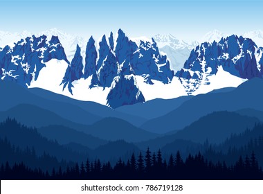 seamless vector blue beautiful mountains with forest panorama pattern