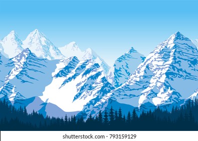 seamless vector blue beautiful mountains with forest panorama pattern