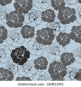 Seamless vector blue floral pattern with grey, navy blue and black retro roses on pastel blue background. Beautiful abstract vintage texture with pink flowers and cute background.