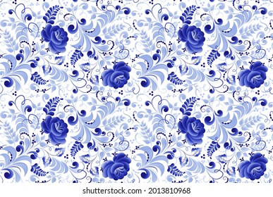 Patrón floral azul vectorial sin foco en el estilo folklórico ruso