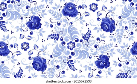 Seamless vector blue floral pattern in Russian folk style