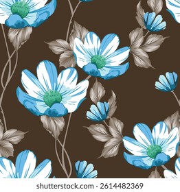 seamless vector blue flower pattern on brown background