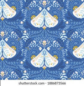 Seamless vector blue folk art pattern, moths and flowers