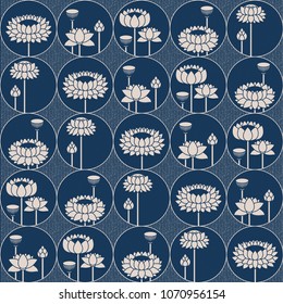 seamless vector blue japanese pattern with lotos flowers in circles. design for packaging, interior, textile