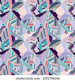Seamless vector blue pattern. geometrical hand drawn pastel background with rectangles, squares, triangles, dots. Print for wallpaper, packaging, wrapping, fabric. Line drawing, graphic design