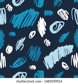 Seamless vector blue and pattern hand drawn scrawl sketch. Freehand drawing. Color seamless vector abstract scribbles, chaos doodles. Vector seamless pattern.