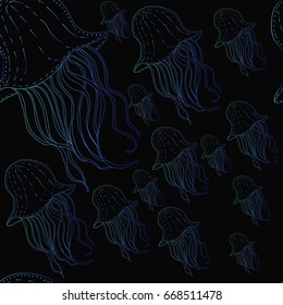Seamless vector blue pattern with jellyfishes on black background. 