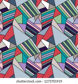 Seamless vector blue pattern, lined asymmetric geometric background with rhombus, triangles. Print for decor, wallpaper, packaging, wrapping, fabric. Triangular graphic design. Line drawing