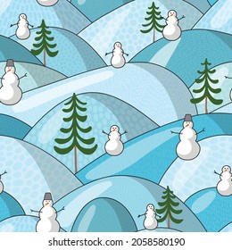 seamless vector blue pattern with snow hills, spruces and snowmen