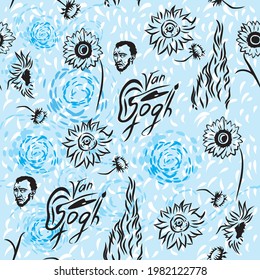 Seamless vector blue pattern. Sunflowers, cypresses, clouds, and letters. Van Gogh style