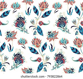 Seamless vector blue- red  floral pattern on white background, iindian kalamkari style