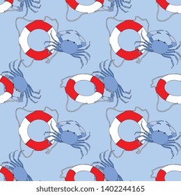 Seamless Vector Blue Sea Crab And Life Buoy Illustration Pattern