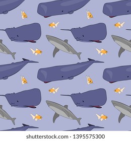 Seamless Vector Blue Whale, Grey Shark And Golden Fish Illustration Pattern