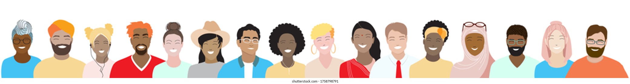 Seamless vector boarder pattern, diverse smiling people. Minimal cartoon young female, male portraits. Multicultural diversity students, international team, arabian, asian, african friends characters.