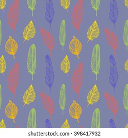 Seamless vector bohemian pattern with colored feathers on lilac. Ink drawn vector illustration for prints, fabric, wrapping and other design.