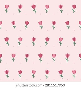 Seamless vector bold blooming flower print with staggered rows of stylized tulips on stems with slim leaves and seed dots, rose pink garden on blush, for fabric, wrapping paper, wallpaper and packaging.