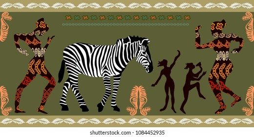 Seamless vector border with aborigens and zebra. Trendy ethnic design witn African art motifs for textile, cards, covers.