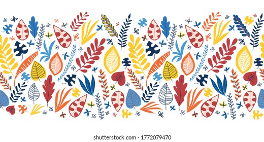 Seamless vector border abstract autumn leaves blue red yellow orange. Repeating pattern. Hand drawn leaf nature border. Repeating horizontal illustration. Use for fabric trim, ribbons, Thanksgiving