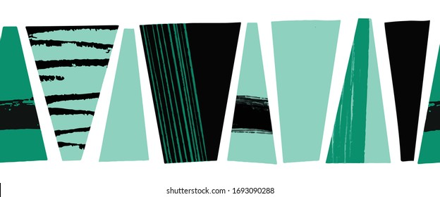 Seamless vector border abstract black teal green textured shapes. Trapezoids horizontal repeating pattern. Modern art tribal style shapes in a horizontal row. For banners, footer, letterhead, ribbon