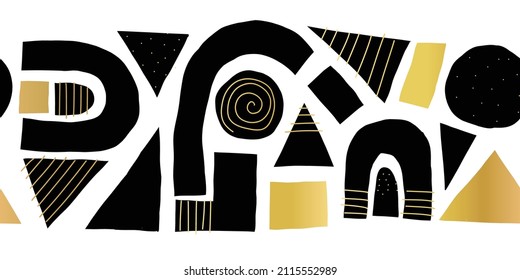 Seamless vector border abstract cut out shapes black gold. Repeating horizontal pattern paper cutting matisse style elegant metallic gold foil collage. Banner, footer, divider, wall decals