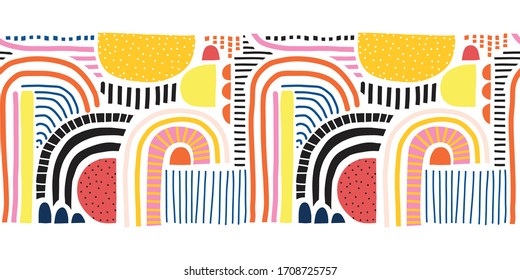 Seamless vector border abstract doodle shapes collage. Cute geometric shapes and doodles repeating pattern blue red yellow black pink orange on white. Modern line art for kids decor, fabric trim, card