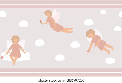 Seamless vector border with angels on the background of the sky and clouds. Valentine's Day. Suitable for greeting, screensaver, web, design, tape, ribbon, gift decoration, packaging material.