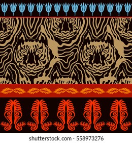 Seamless vector border with animal print and ancient geometrical ornaments. Tiger pattern and flowers. Safari textile collection. Dark.