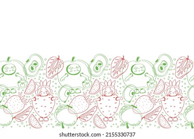 Seamless vector border with apple and strawberry fruit characters. Orange line doodle on white background banner.