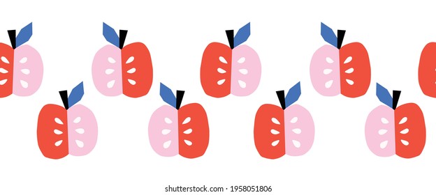 Seamless vector border apples. Repeating pattern Scandinavian style cute apples red pink blue. Drawn fruit banner design for fabric trim, kids fashion, kitchen decor, food packaging, footer, header.