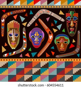 Seamless vector border with Australian boomerangs and African masks inspired by aboriginal art. Ethnic textile collection. On black.