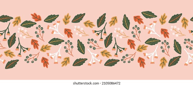 Seamless vector border autumn leaves berries. Repeating cute botanical floral repeating horizontal pattern brown green white berry nature shapes on pink. For cards, ribbon, footer, header, trim.