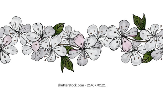 Borde vectorial sin foco de manzanos en floración. Flores de primavera, brotes, inflorescencias, hojas dibujadas a mano sobre un fondo blanco. Diseño de naturaleza botánica inspirador para tarjetas, invitaciones, libros