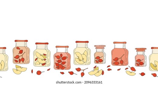 Seamless vector border with cans of canned fruits and jams, apples and rose hips. Illustration of a banner of home supplies on a white background.