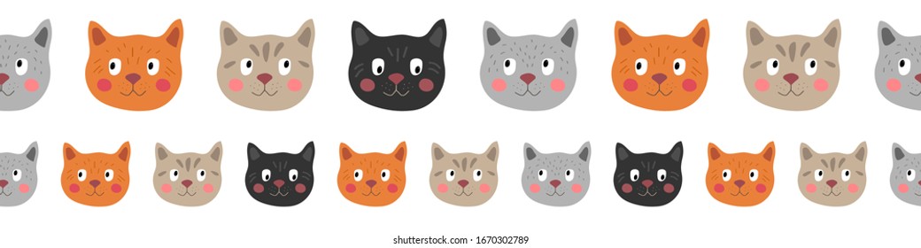 Seamless vector border with cat faces on a white background. Cute cats for children.