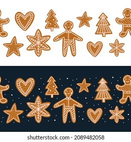 Seamless vector border with christmas cookies. Gingerbread cookies in the shape of hearts, Christmas trees and men. Vector flat illustration.