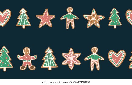 Seamless vector border with christmas cookies. Gingerbread cookies in the shape of hearts, Christmas trees and men. Vector flat illustration.