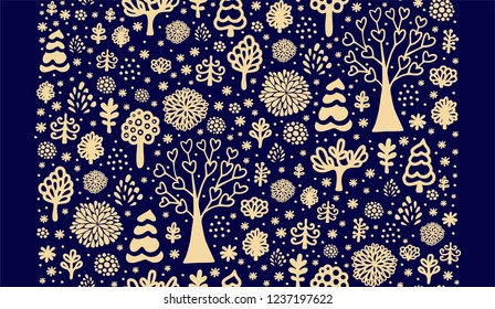 Seamless vector border Christmas pattern with decorative winter trees