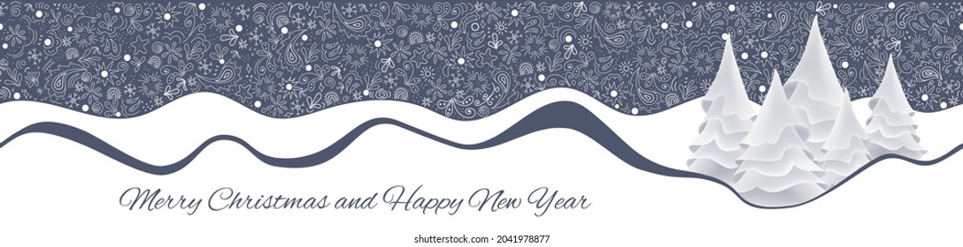 Seamless vector border with Christmas pattern in doodle style and beautiful Christmas trees. Stylish design, suitable for packaging, cards, invitations, congratulations, wallpapers, web.