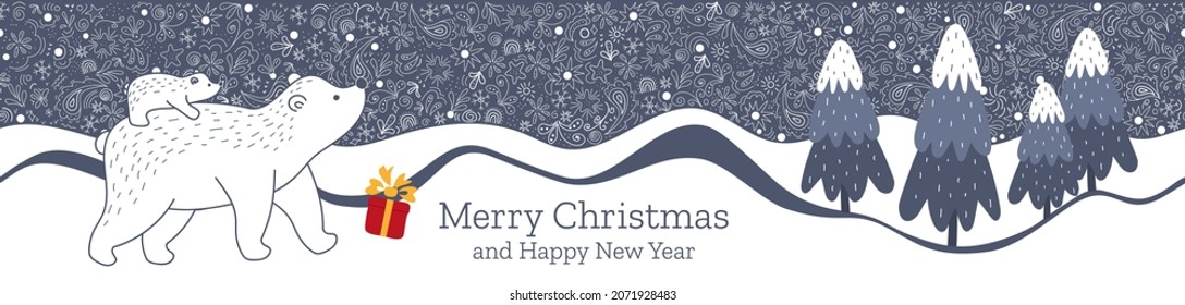 Borde vectorial sin foco con patrón navideño en forma de doodle, osos polares y árboles navideños. Diseño elegante, adecuado para banner, postal, invitación, felicitaciones, fondo de pantalla, web.