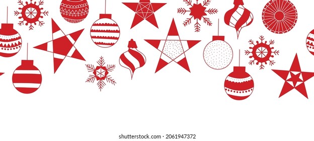Borde vectorial sin inconveniente ornamentos rojos de Navidad sobre fondo blanco. Balas de baudillos de vacaciones que repiten patrón horizontal aislado. Tono de garland festivo sin costura