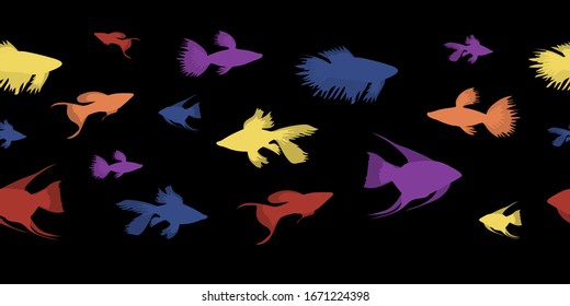Nahtlose Vektorillustration grenzt an bunte Fische auf schwarzem Hintergrund.