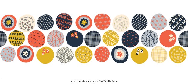 Seamless vector border colorful circles. Blue orange yellow dots with doodle texture repeating pattern. Abstract hand drawn border for banner, fabric trim, ribbon, kids decor, footer, header, divider